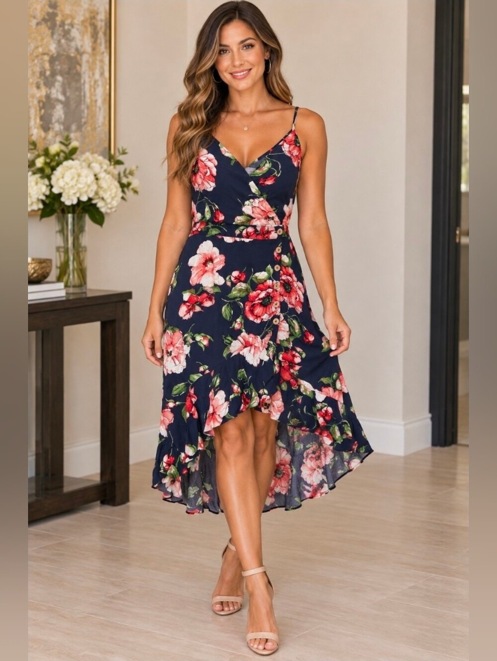 Xhilaration Navy Floral High-Low Spaghetti Strap Dress